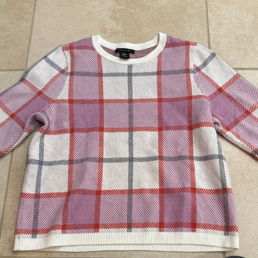 Tahari Red and Pink Plaid Sweater